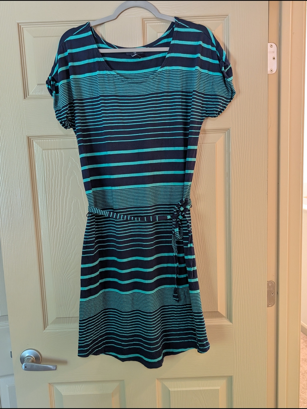 GAP Factory Navy and Green Striped Tie-Waist Dress